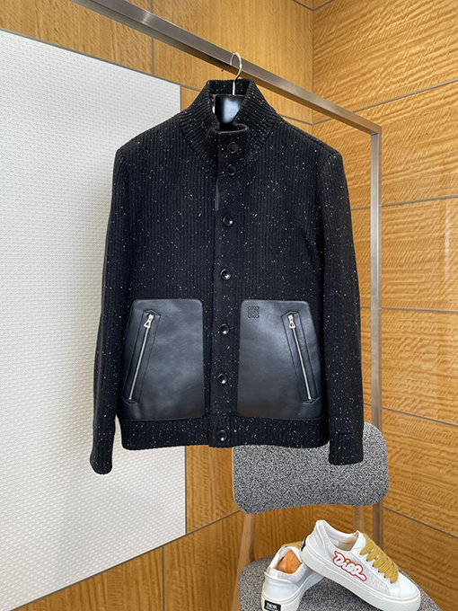 ロエベ レザーポケットエンボスパッチワークスタンドカラーカーディガンジャケット