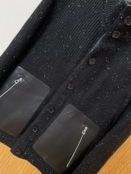 ロエベ レザーポケットエンボスパッチワークスタンドカラーカーディガンジャケット