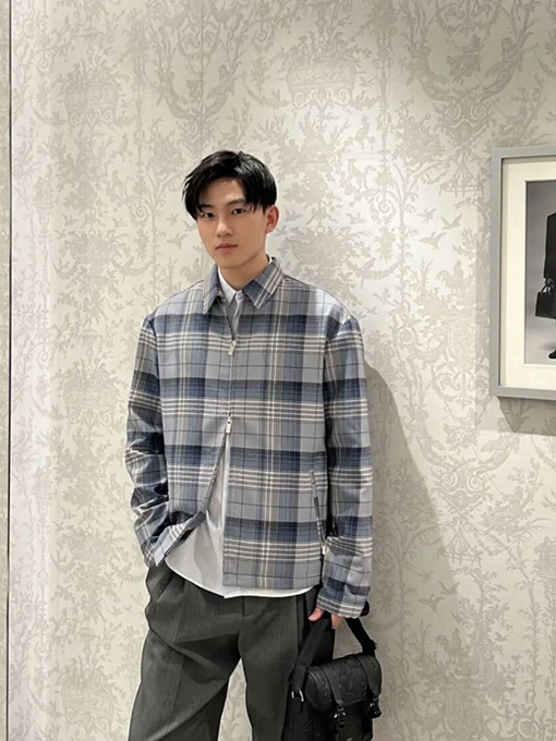 ディオール チェック柄のジップアップ長袖シャツ