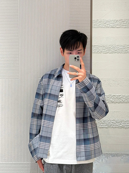 ディオール チェック柄のジップアップ長袖シャツ