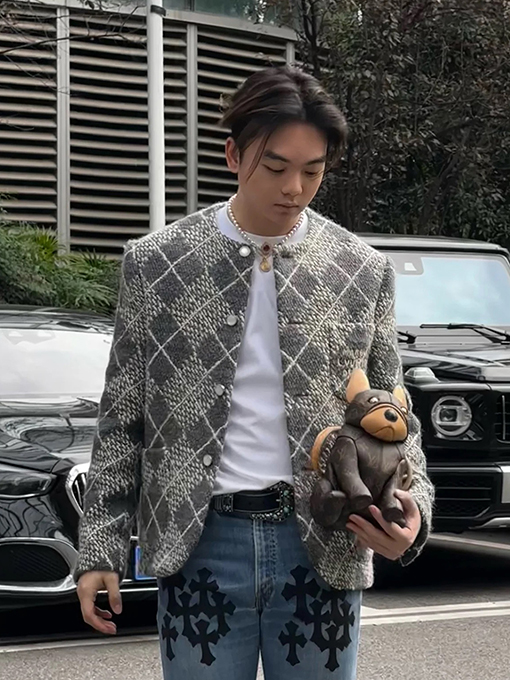 ルイヴィトンコピー 糸のタイが付いたツイードチェック柄コート