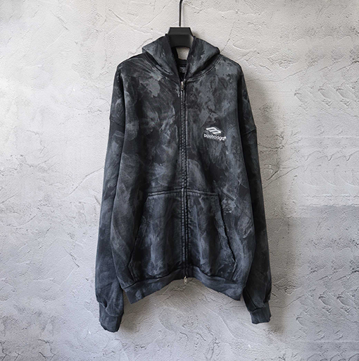 バレンシアガ Balenciaga 3B 刺繍マッドダイコーティング ウォッシュカラー ダメージジッパー フード付き スウェットシャツ