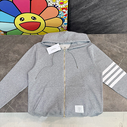 トムブラウン 4本のストライプとドローストリングが付いたダブルジッパーのフード付きジャケット