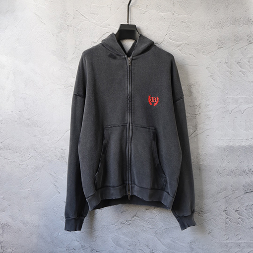 バレンシアガ ウィートイヤーダブルオリーブブランチ刺繍ダメージウォッシュコットンジッパー フード付きスウェットシャツ