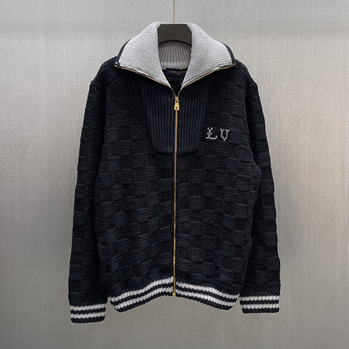 ルイヴィトン リブカラーのゴールドチェック柄ジップアップカーディガン