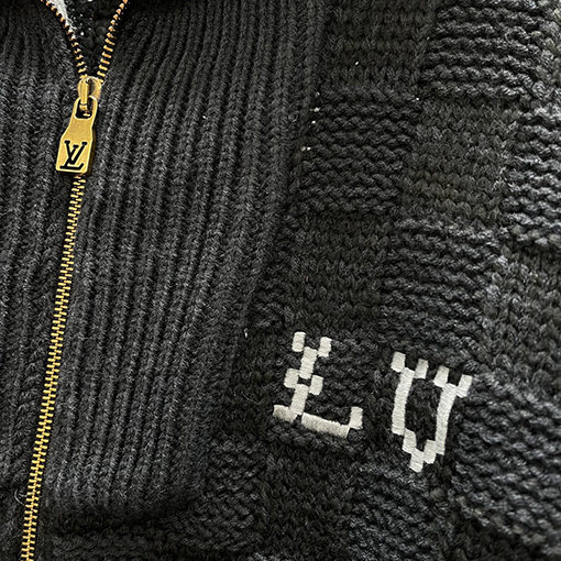 ルイヴィトン リブカラーのゴールドチェック柄ジップアップカーディガン