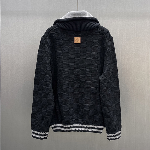 ルイヴィトン リブカラーのゴールドチェック柄ジップアップカーディガン