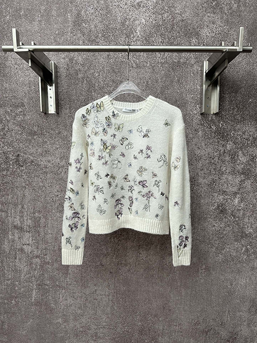 ディオール レディースアルパカウールとカシミアのブレンド蝶刺繍りラウンドネックニットセーター