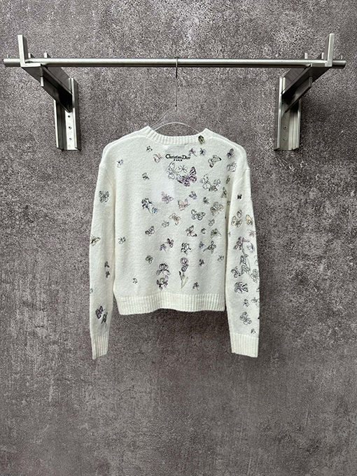 ディオール レディースアルパカウールとカシミアのブレンド蝶刺繍りラウンドネックニットセーター
