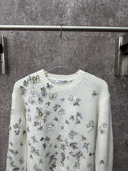 ディオール レディースアルパカウールとカシミアのブレンド蝶刺繍りラウンドネックニットセーター