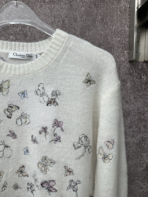 ディオール レディースアルパカウールとカシミアのブレンド蝶刺繍りラウンドネックニットセーター