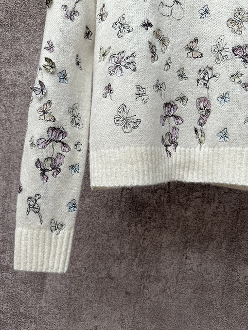 ディオール レディースアルパカウールとカシミアのブレンド蝶刺繍りラウンドネックニットセーター