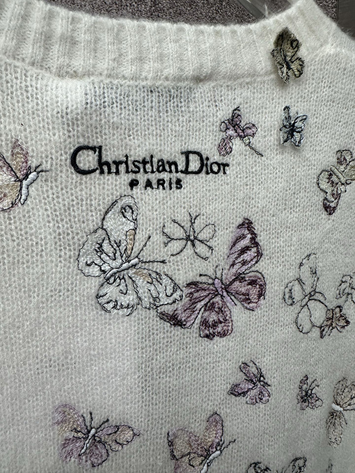 ディオール レディースアルパカウールとカシミアのブレンド蝶刺繍りラウンドネックニットセーター