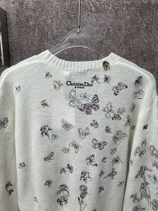 ディオール レディースアルパカウールとカシミアのブレンド蝶刺繍りラウンドネックニットセーター