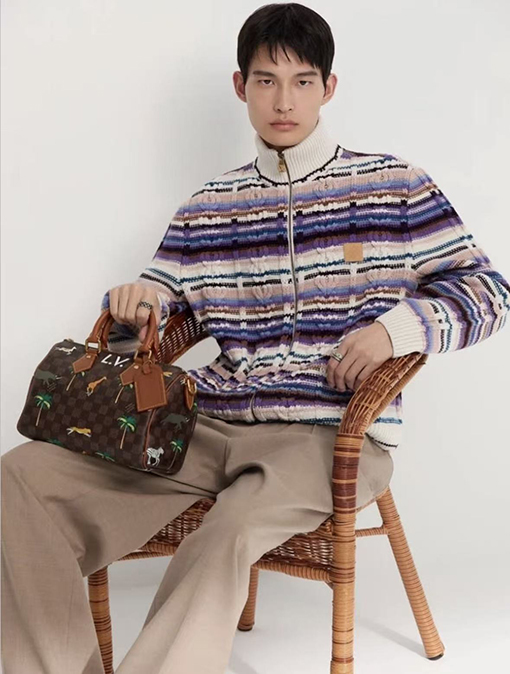 ルイヴィトン レザーロゴケーブルニットジッパーカーディガン