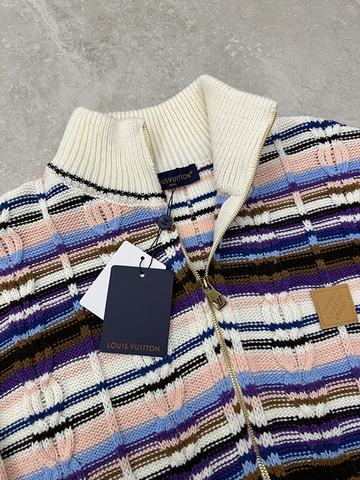 ルイヴィトン レザーロゴケーブルニットジッパーカーディガン