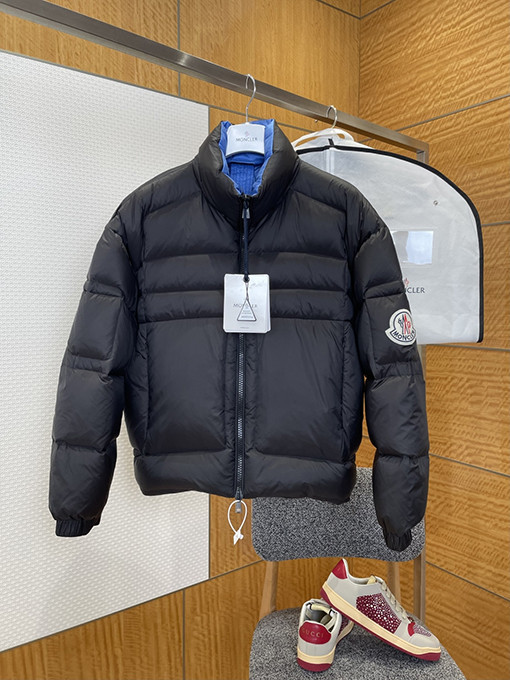 モンクレール スタンドカラーのカラーブロックダウンジャケット