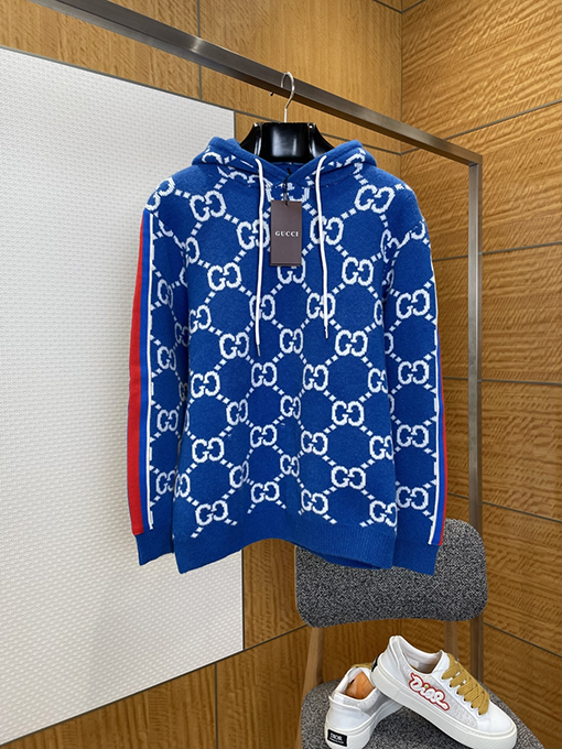 グッチ カラーブロック織りジャカード総柄フード付きスウェットシャツ