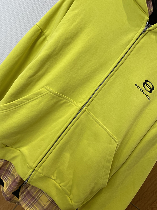 バレンシアガ フェイクスリーピースチェック柄パッチワークフード付きジップアップジャケット