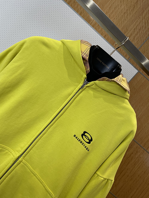 バレンシアガ フェイクスリーピースチェック柄パッチワークフード付きジップアップジャケット