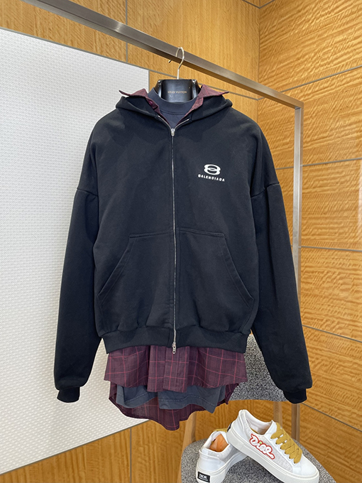 バレンシアガ フェイクスリーピースチェック柄パッチワークフード付きジップアップジャケット