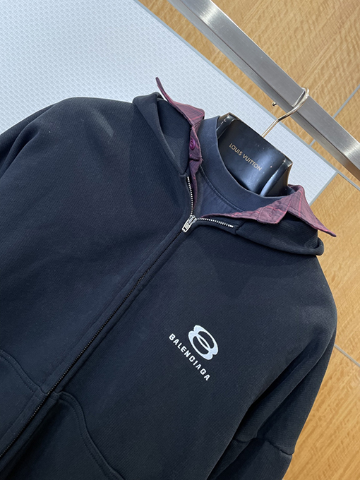 バレンシアガ フェイクスリーピースチェック柄パッチワークフード付きジップアップジャケット