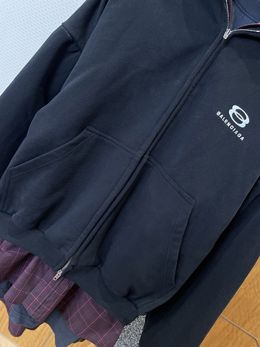 バレンシアガ フェイクスリーピースチェック柄パッチワークフード付きジップアップジャケット