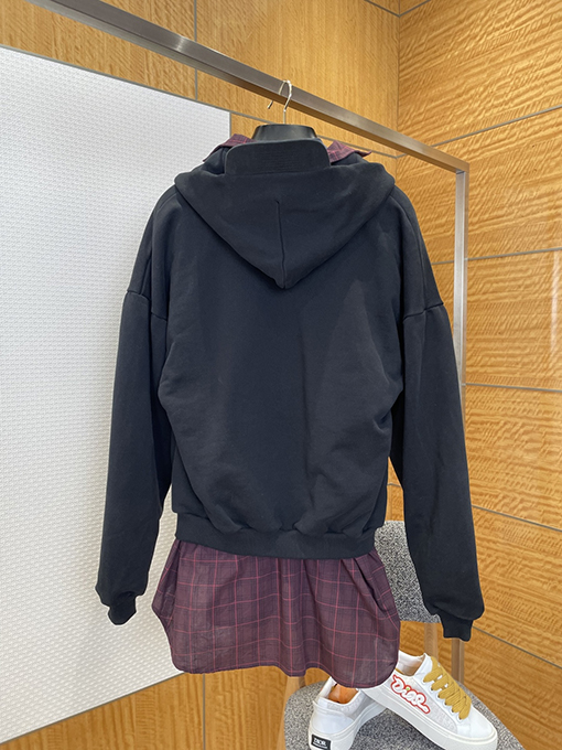 バレンシアガ フェイクスリーピースチェック柄パッチワークフード付きジップアップジャケット