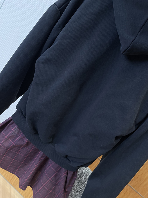 バレンシアガ フェイクスリーピースチェック柄パッチワークフード付きジップアップジャケット