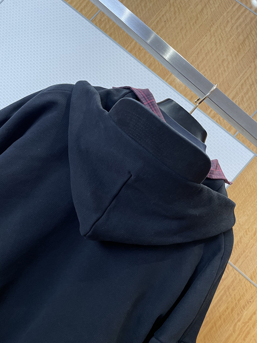 バレンシアガ フェイクスリーピースチェック柄パッチワークフード付きジップアップジャケット