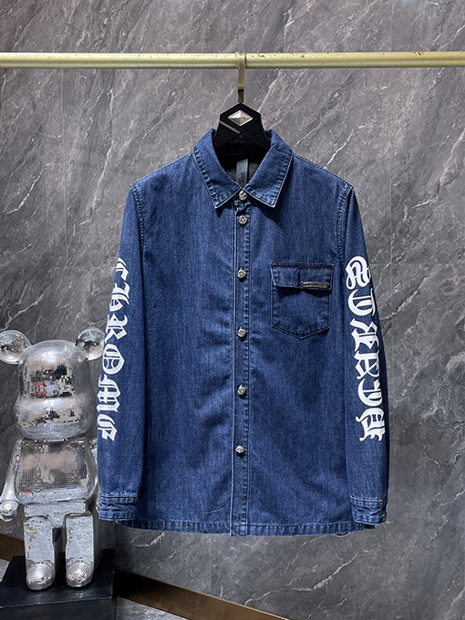 クロムハーツ ブルーの袖プリントのダブルレイヤーデニムシャツ