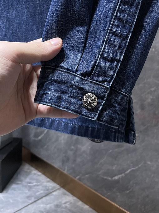 クロムハーツ ブルーの袖プリントのダブルレイヤーデニムシャツ