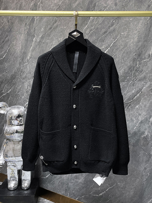 クロムハーツ シルバーボタン付きバナナカラーウール＆レザーパッチワークカーディガン