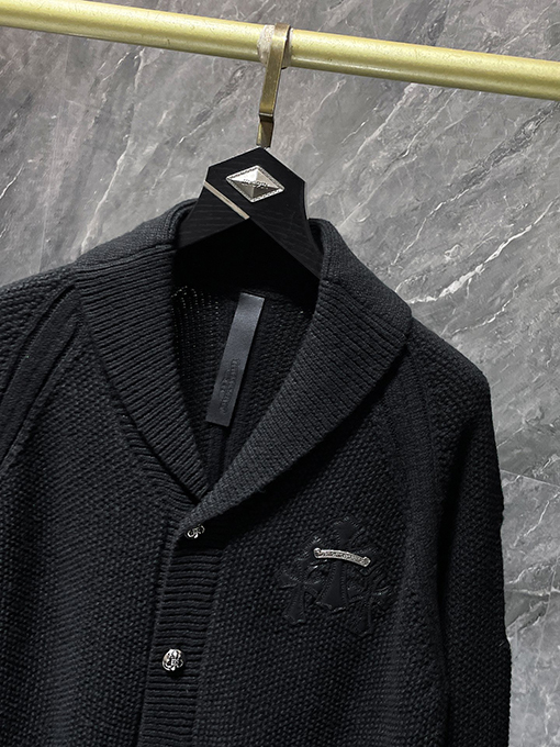 クロムハーツ シルバーボタン付きバナナカラーウール＆レザーパッチワークカーディガン