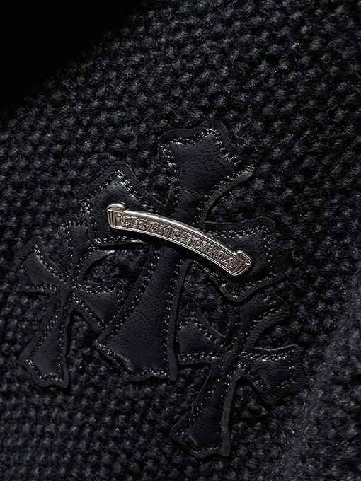 クロムハーツ シルバーボタン付きバナナカラーウール＆レザーパッチワークカーディガン