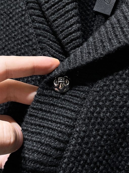 クロムハーツ シルバーボタン付きバナナカラーウール＆レザーパッチワークカーディガン