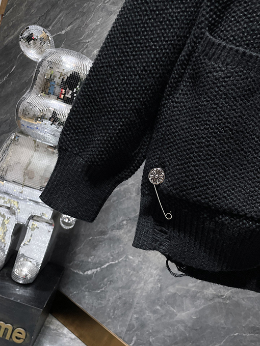 クロムハーツ シルバーボタン付きバナナカラーウール＆レザーパッチワークカーディガン