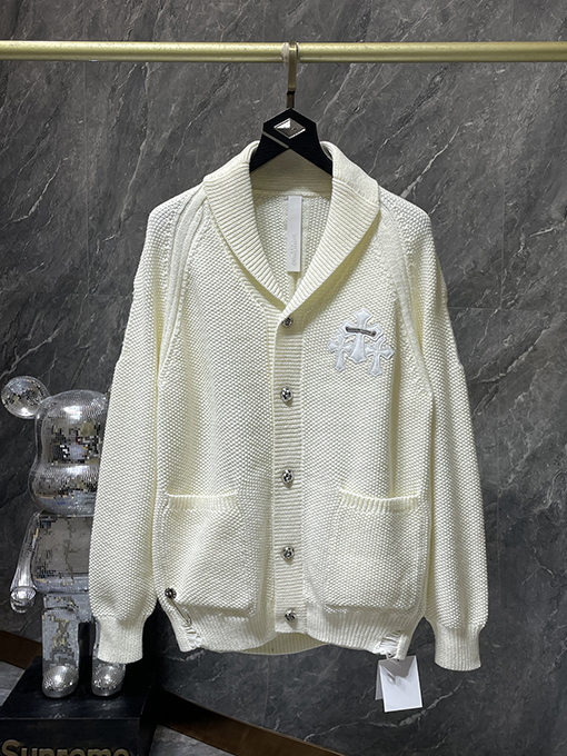 クロムハーツ シルバーボタン付きバナナカラーウール＆レザーパッチワークカーディガン