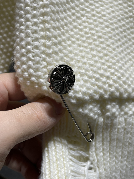 クロムハーツ シルバーボタン付きバナナカラーウール＆レザーパッチワークカーディガン