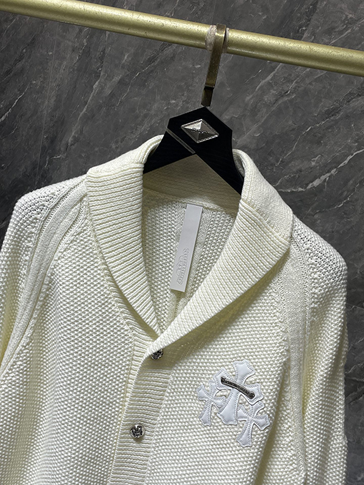 クロムハーツ シルバーボタン付きバナナカラーウール＆レザーパッチワークカーディガン