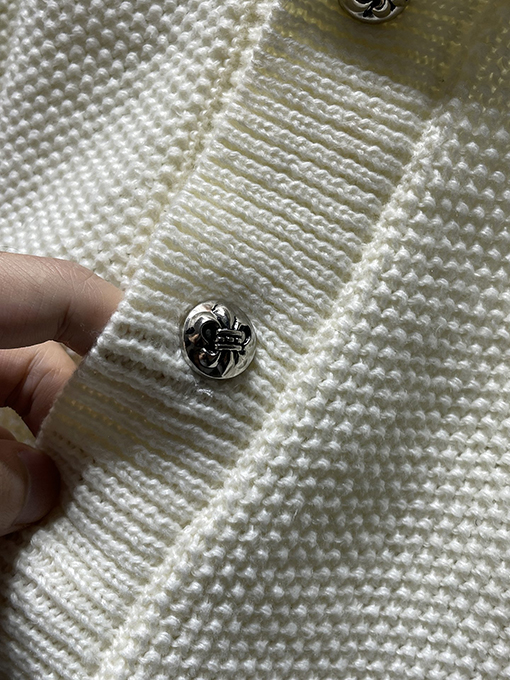 クロムハーツ シルバーボタン付きバナナカラーウール＆レザーパッチワークカーディガン