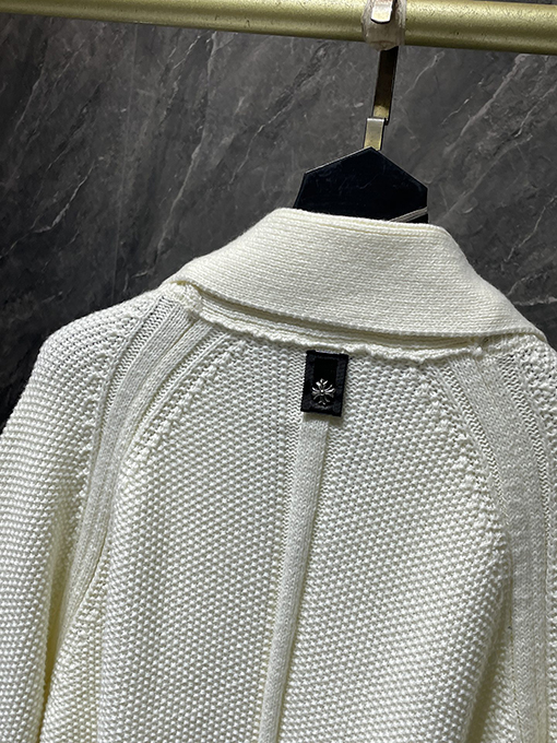 クロムハーツ シルバーボタン付きバナナカラーウール＆レザーパッチワークカーディガン