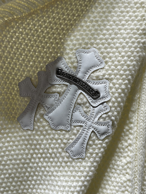 クロムハーツ シルバーボタン付きバナナカラーウール＆レザーパッチワークカーディガン