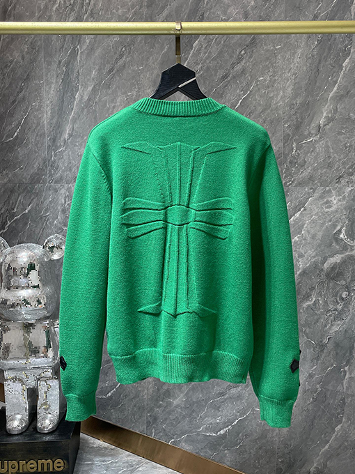 クロムハーツ ジャカードバック＆レザーパッチワークカフスセーター