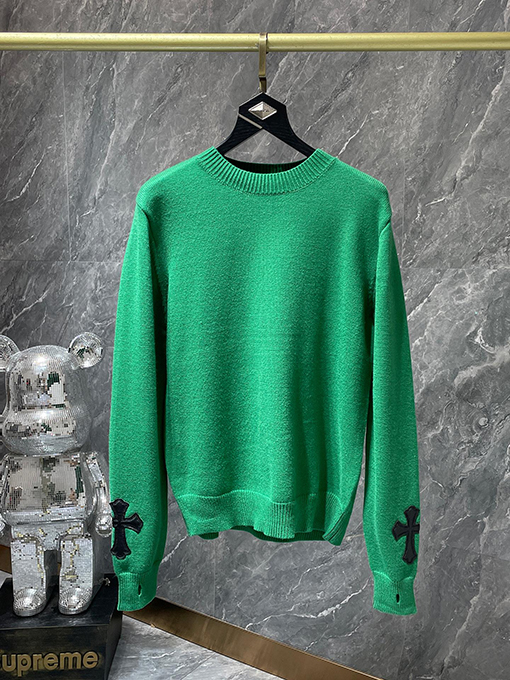 クロムハーツ ジャカードバック＆レザーパッチワークカフスセーター