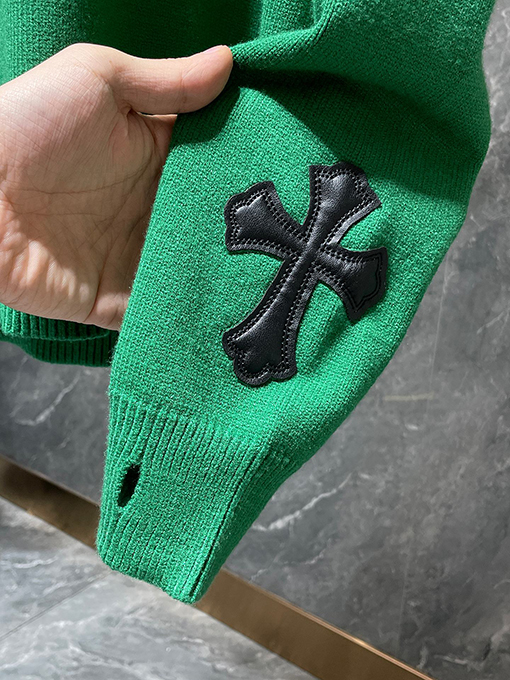 クロムハーツ ジャカードバック＆レザーパッチワークカフスセーター