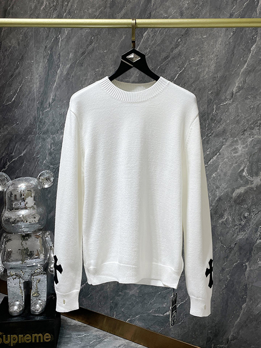 クロムハーツ ジャカードバック＆レザーパッチワークカフスセーター