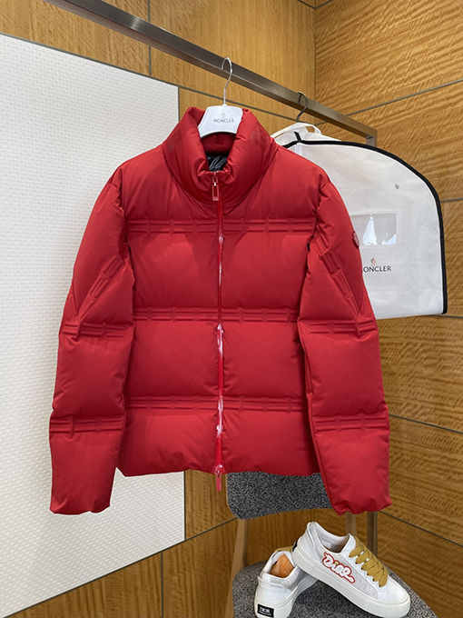 モンクレール レザースリーブパッチエンボススタンドカラーダウンジャケット