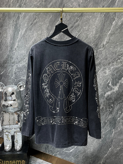 クロムハーツ ホットスタンプのラインストーンウォッシュいのある馬蹄形のクロスサンスクリットの花柄の長袖シャツ