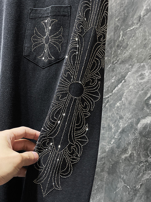 クロムハーツ ホットスタンプのラインストーンウォッシュいのある馬蹄形のクロスサンスクリットの花柄の長袖シャツ